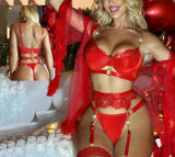 Four-piece lingerie set made of velvet and lace with a chiffon robe and long net socks