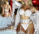 Four-piece lingerie set made of velvet and lace with a chiffon robe and long net socks