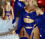 Four-piece lingerie set made of velvet and lace with a chiffon robe and long net socks