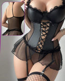 Leather and tulle lingerie with front tie - with long net socks