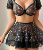 3 Pieces Lingerie Set made of floral chiffon  and lace