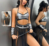 Three-piece lingerie made of chiffon and leather