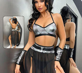 Three-piece lingerie made of chiffon and leather