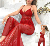 Two-piece pajama set made of ribbed chiffon and lace.