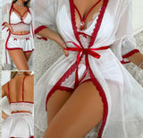 Three-piece pajama made of satin and lace with a chiffon robe