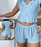 Two-piece pajama made of cotton with ruffles at the chest