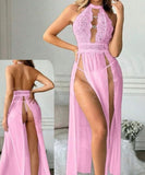 Two-piece lingerie made of chiffon and lace with open sides