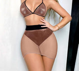 Three-piece lingerie made of tulle and shiny lycra