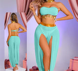 A two-piece belly dance suit made of chiffon with metal rings under the chest