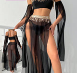 Belly dance suit made of Lycra and chiffon with shiny strings at the bust and waist