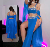 Belly dance suit made of Lycra and chiffon with shiny strings at the bust and waist