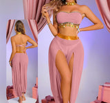 A two-piece belly dance suit made of chiffon with metal rings under the chest