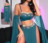 Belly dance suit made of Lycra and chiffon with shiny strings at the bust and waist