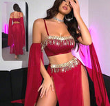 Belly dance suit made of Lycra and chiffon with shiny strings at the bust and waist