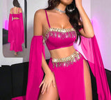 Belly dance suit made of Lycra and chiffon with shiny strings at the bust and waist