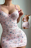 Two-piece lingerie made of floral chiffon with an open back