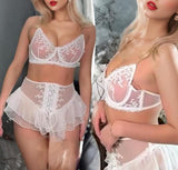 Two-piece lingerie made of tulle and lace with ruffles at the tail