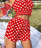 Two-piece dotted cotton pajama - without shoulder straps - with elastic in the middle