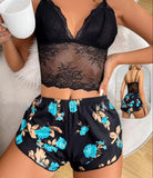 Two-piece pajama - consisting of floral cotton shorts - with a lace top