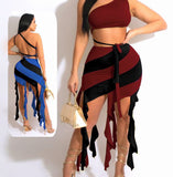 Lycra dress - with one strap - open from the middle and back - with tassels from the tail