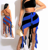 Lycra dress - with one strap - open from the middle and back - with tassels from the tail - Dala3ny