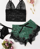 3-piece pajamas - consisting of lace underwear and top - with dotted satin shorts