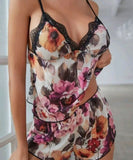 Floral chiffon two-piece pajama - with lace from the chest - Dala3ny