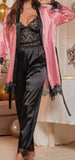 3-piece pajamas - consisting of satin pants and a  robe with a lace top