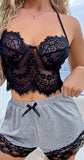 Two-piece pajama - consisting of a top made of lace - and a hot short made of cotton with lace at the end - Dala3ny