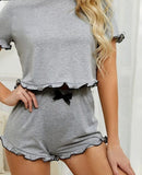 Two-piece cotton pajama - with ruffles at the end of the top, shorts and sleeves - Dala3ny