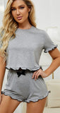 Two-piece cotton pajama - with ruffles at the end of the top, shorts and sleeves - Dala3ny