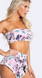 Two-piece cotton pajamas - off shoulder - with butterflies print - with ruffles at the end of the shorts