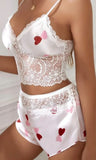 Satin pajama with hearts print - with lace - Dala3ny