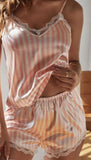 Two-piece satin pajama - striped - with lace around the chest - Dala3ny