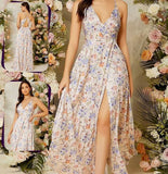 Long house dress - made of floral chiffon - with an opening from the front along the dress and from the back