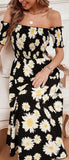 Cotton house dress  - elastic from the chest - off shoulder - with a sunflower print
