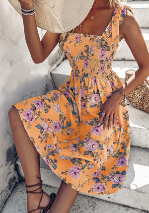 Floral house dress - elastic from the chest - Dala3ny