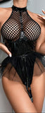 Jumpsuit made of lycra net with leather with tulle - with zipper from the front - open back