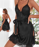 Satin lingerie with lace from the tail and around the chest - open from the back - with a satin ribbon around the middle