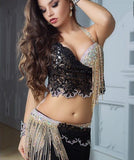 Handmade belly dance suit made of lycra and lace and embroidered with shiny beads