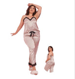 Two-piece satin pajama - striped - with lace from the chest and the end of the pants