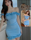 Lycra off-shoulder house dress - with ruffles from the tail and at the chest