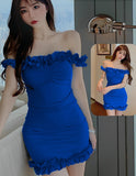 Lycra off-shoulder house dress - with ruffles from the tail and at the chest