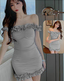 Lycra off-shoulder house dress - with ruffles from the tail and at the chest