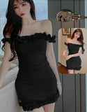 Lycra off-shoulder house dress - with ruffles from the tail and at the chest