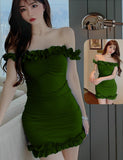 Lycra off-shoulder house dress - with ruffles from the tail and at the chest