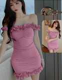 Lycra off-shoulder house dress - with ruffles from the tail and at the chest