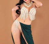Two-piece dance suit - made of lycra butter - open on one side with strings of pearls - with pearl embroidery on the chest