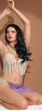 Two-piece dance suit - made of lycra butter - open on one side with strings of pearls - with pearl embroidery on the chest