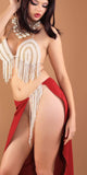 Two-piece dance suit - made of lycra butter - open on one side with strings of pearls - with pearl embroidery on the chest